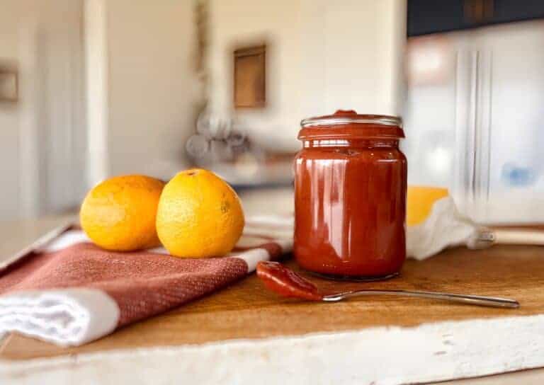 Rhubarb coulis in a jar